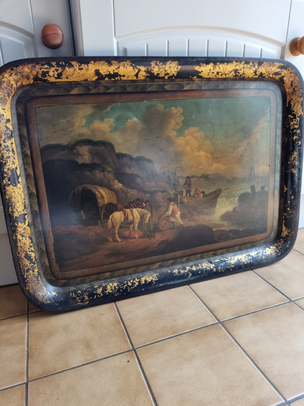 SUPERB ORIGINAL PONTYPOOL TOLEWARE TRAY OF THE SMUGGLERS  View III