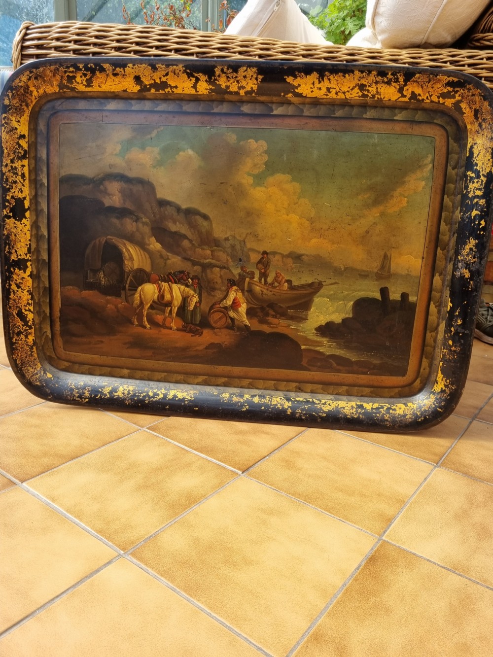 SUPERB ORIGINAL PONTYPOOL TOLEWARE TRAY OF THE SMUGGLERS  View VI