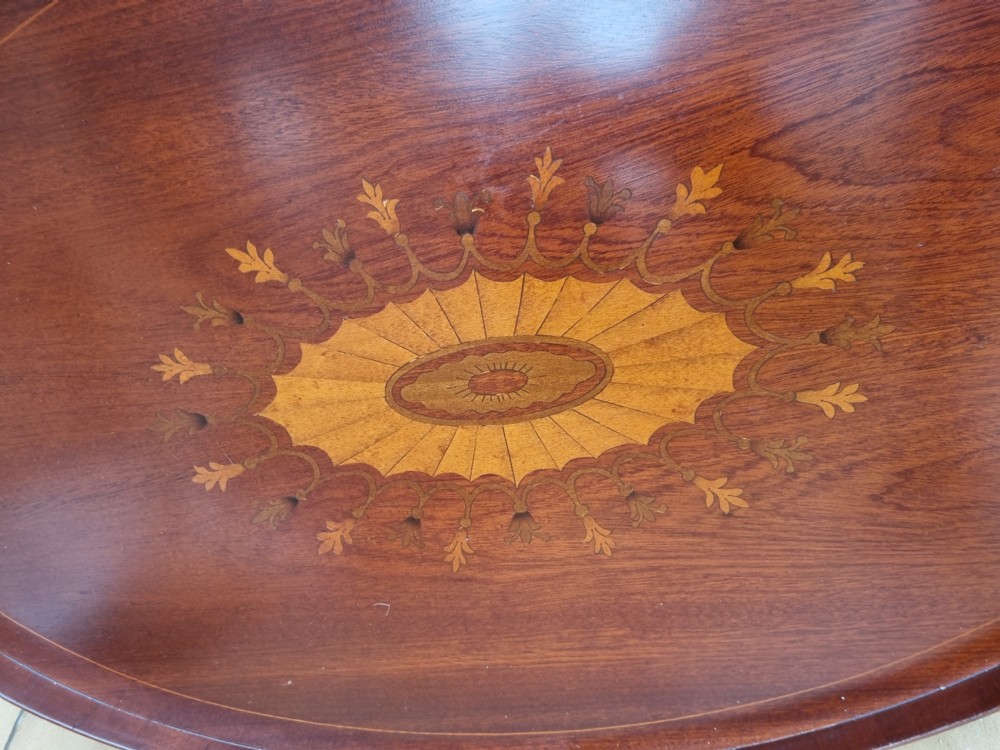 LARGE ANTIQUE INLAID MAHOGANY TRAY WITH BRASS HANDLES View II