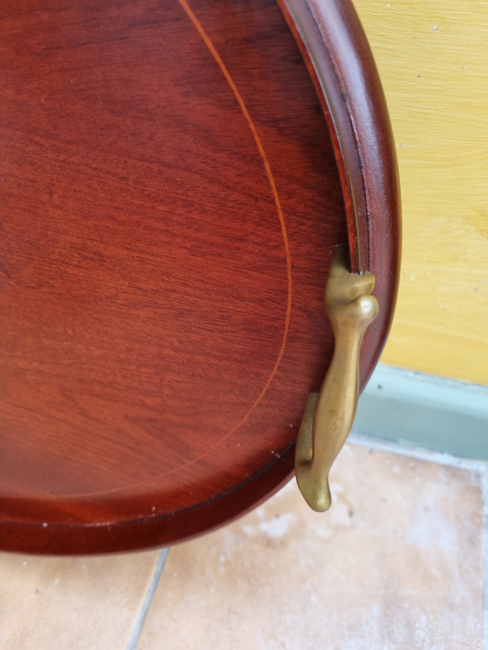 LARGE ANTIQUE INLAID MAHOGANY TRAY WITH BRASS HANDLES View III