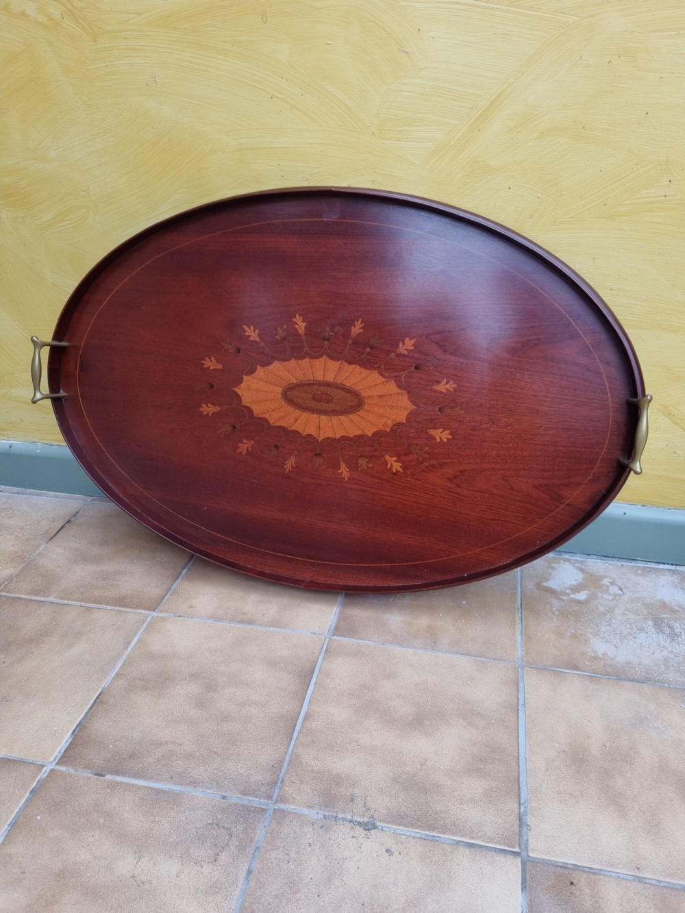 LARGE ANTIQUE INLAID MAHOGANY TRAY WITH BRASS HANDLES View IV