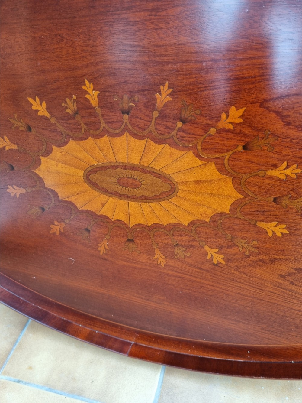 LARGE ANTIQUE INLAID MAHOGANY TRAY WITH BRASS HANDLES View VI
