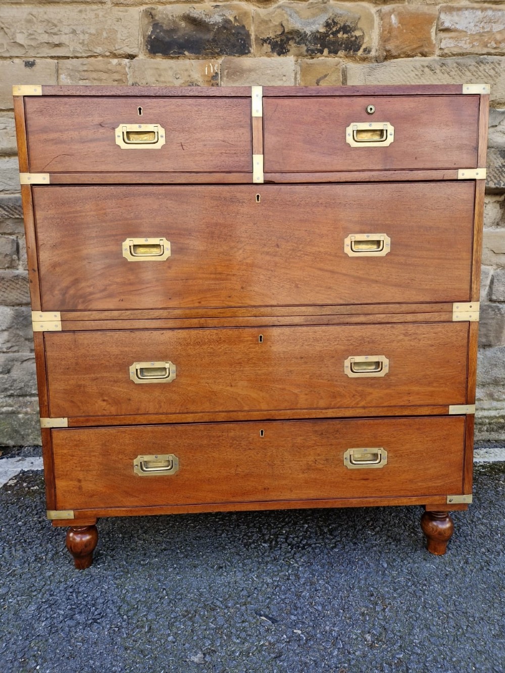 19TH CENTURY 2 PART BRASS BOUND MAHOGANY MILITARY CHEST