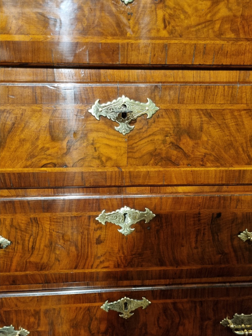 18thC WALNUT HERRINGBONE INLAY CHEST ON CHEST View II