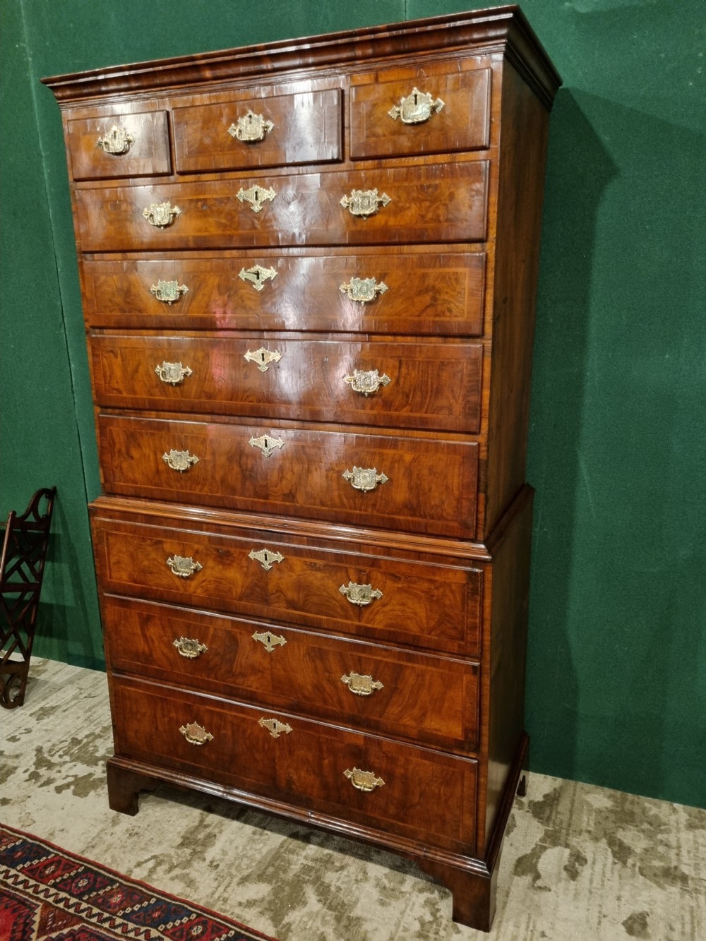 18thC WALNUT HERRINGBONE INLAY CHEST ON CHEST View III