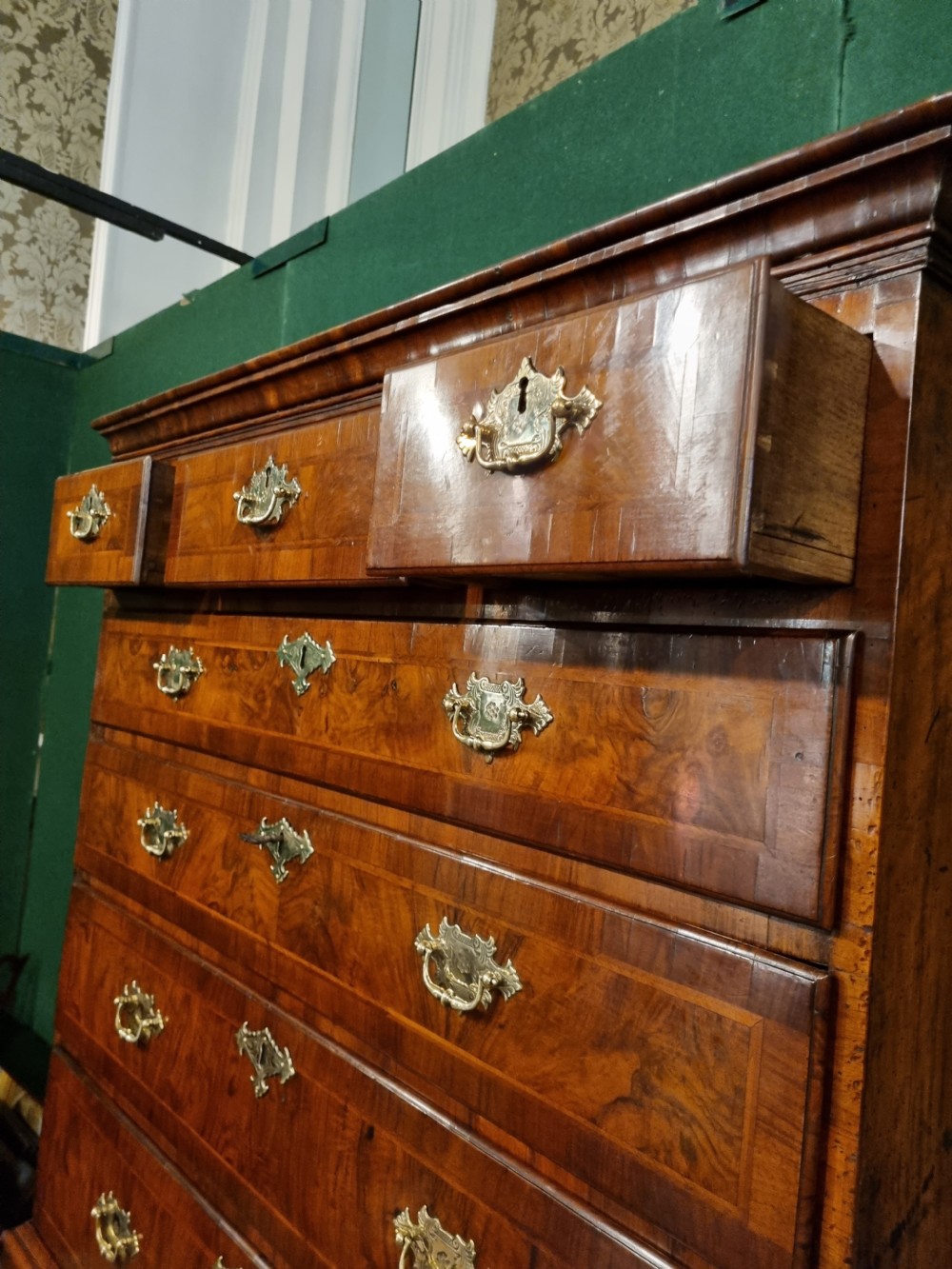 18thC WALNUT HERRINGBONE INLAY CHEST ON CHEST View IV