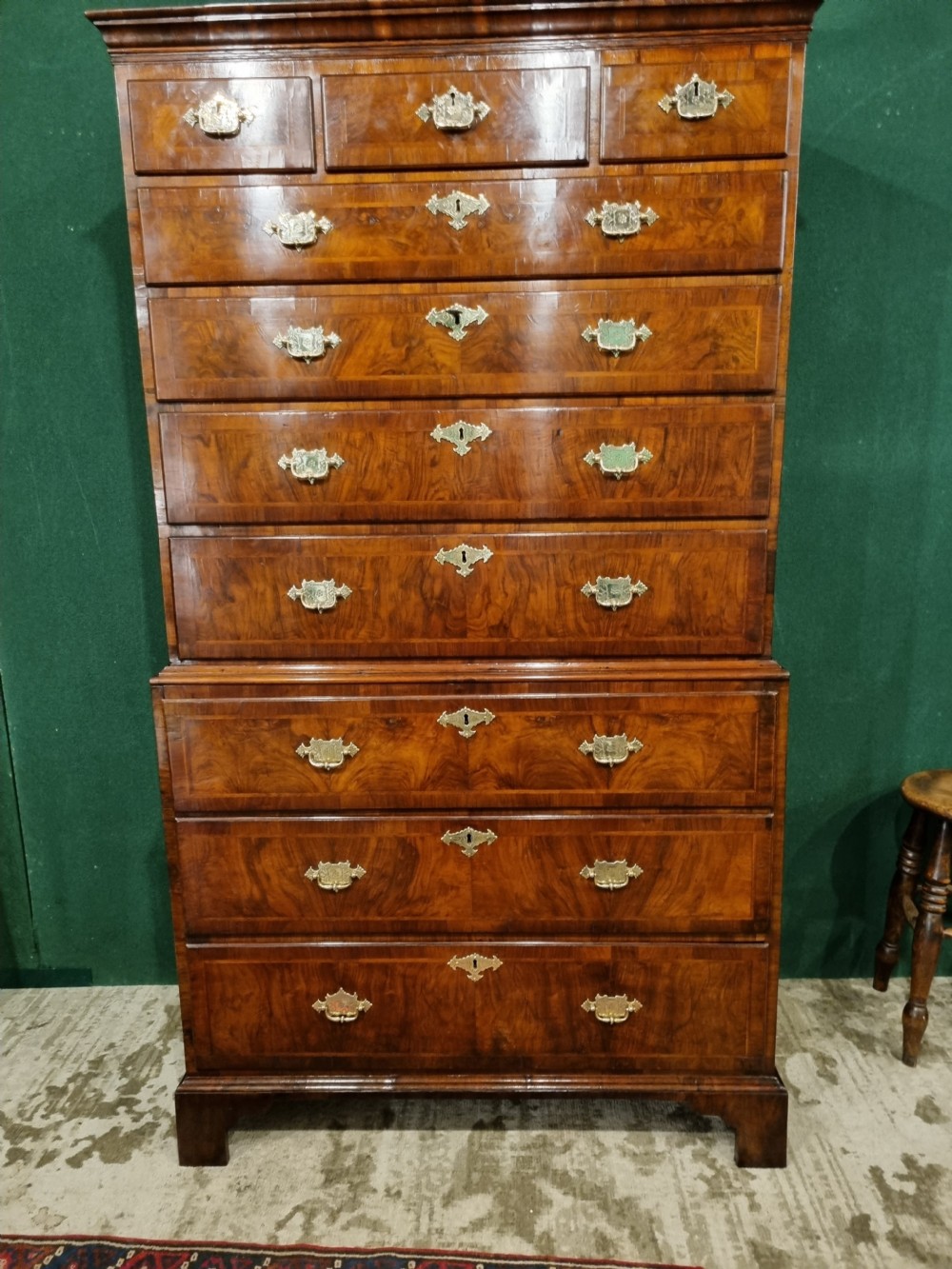 18thC WALNUT HERRINGBONE INLAY CHEST ON CHEST