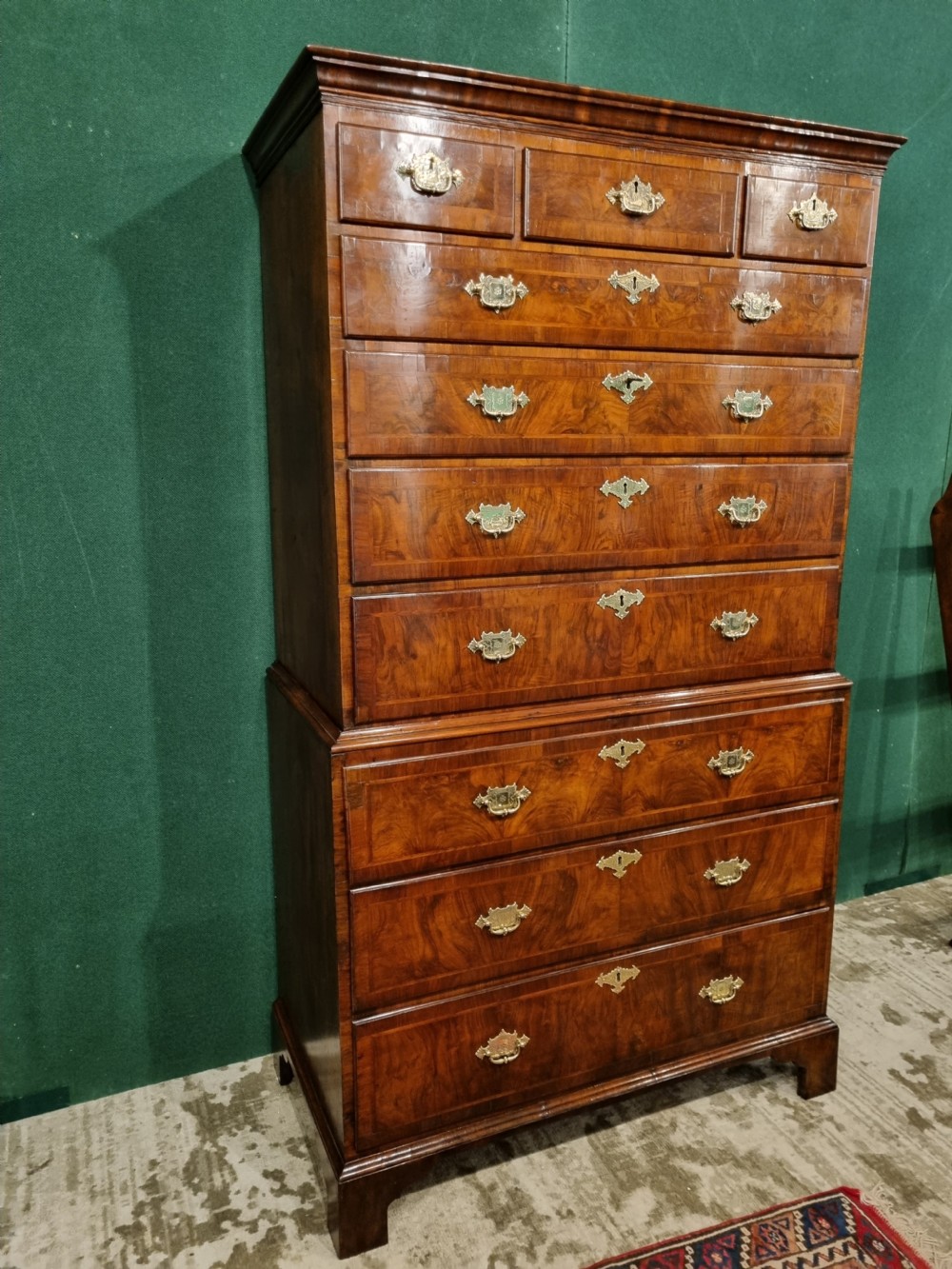 18thC WALNUT HERRINGBONE INLAY CHEST ON CHEST View V