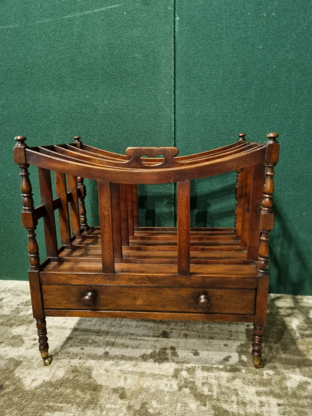GEORGIAN MAHOGANY CANTERBURY (MAGAZINE/MUSIC ) RACK WITH DRAWER.
 View IV