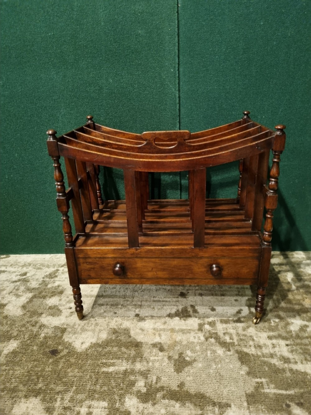 GEORGIAN MAHOGANY CANTERBURY (MAGAZINE/MUSIC ) RACK WITH DRAWER.
