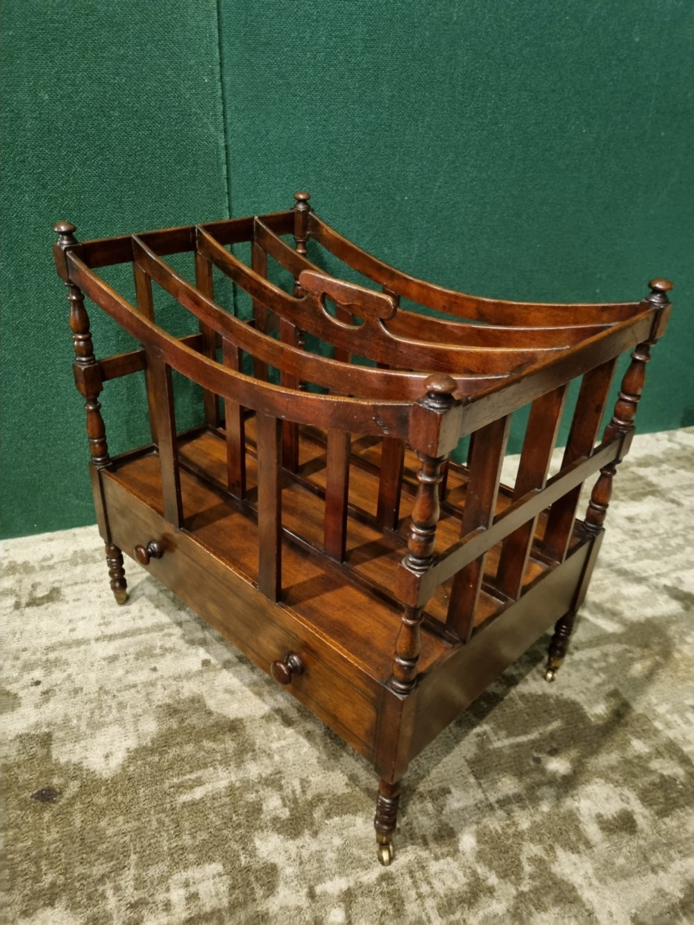 GEORGIAN MAHOGANY CANTERBURY (MAGAZINE/MUSIC ) RACK WITH DRAWER.
 View VI