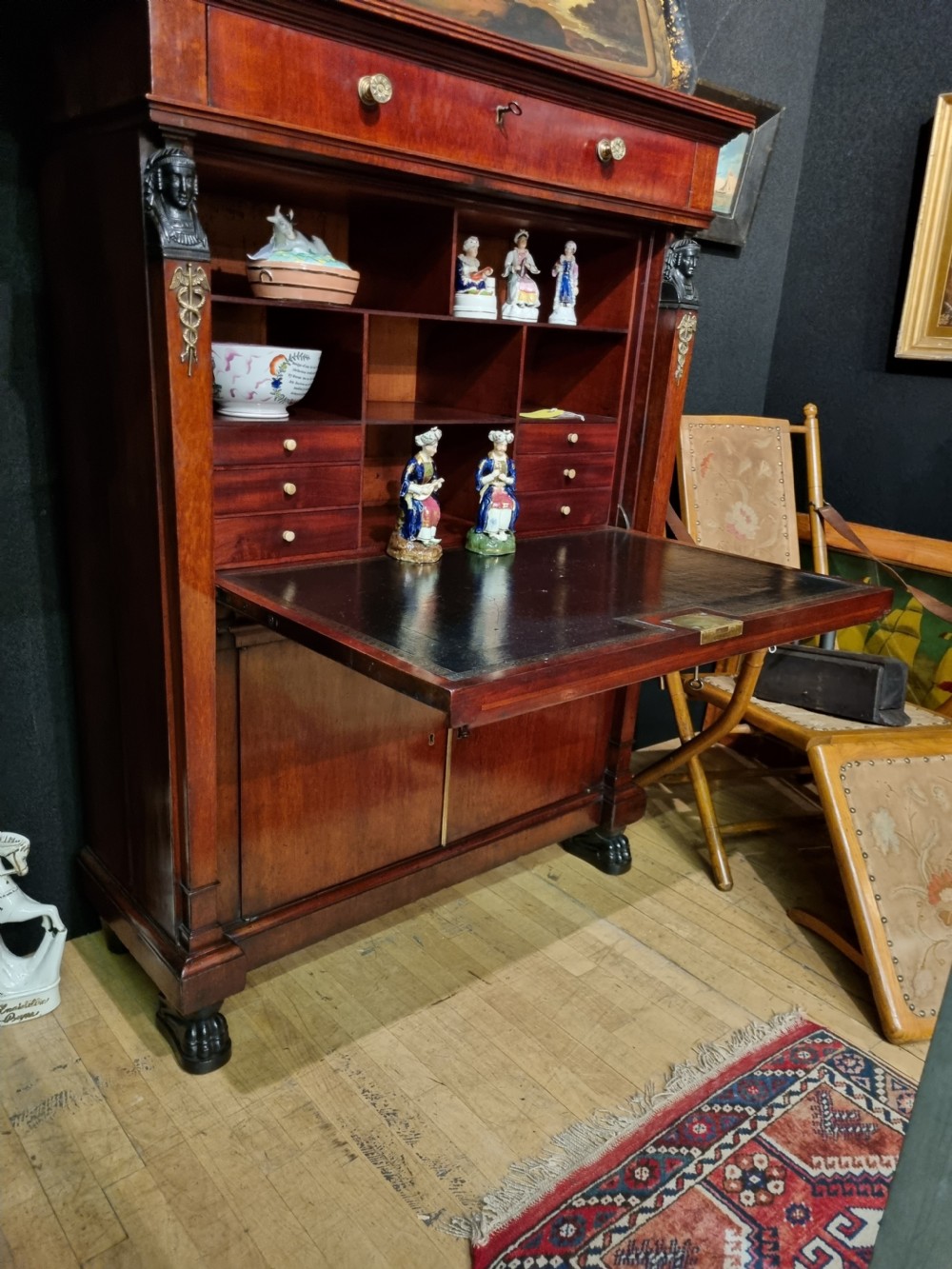 ANTIQUE ENGLISH MAHOGANY AND EBONY SECRETAIRE ABBANTANT View IV