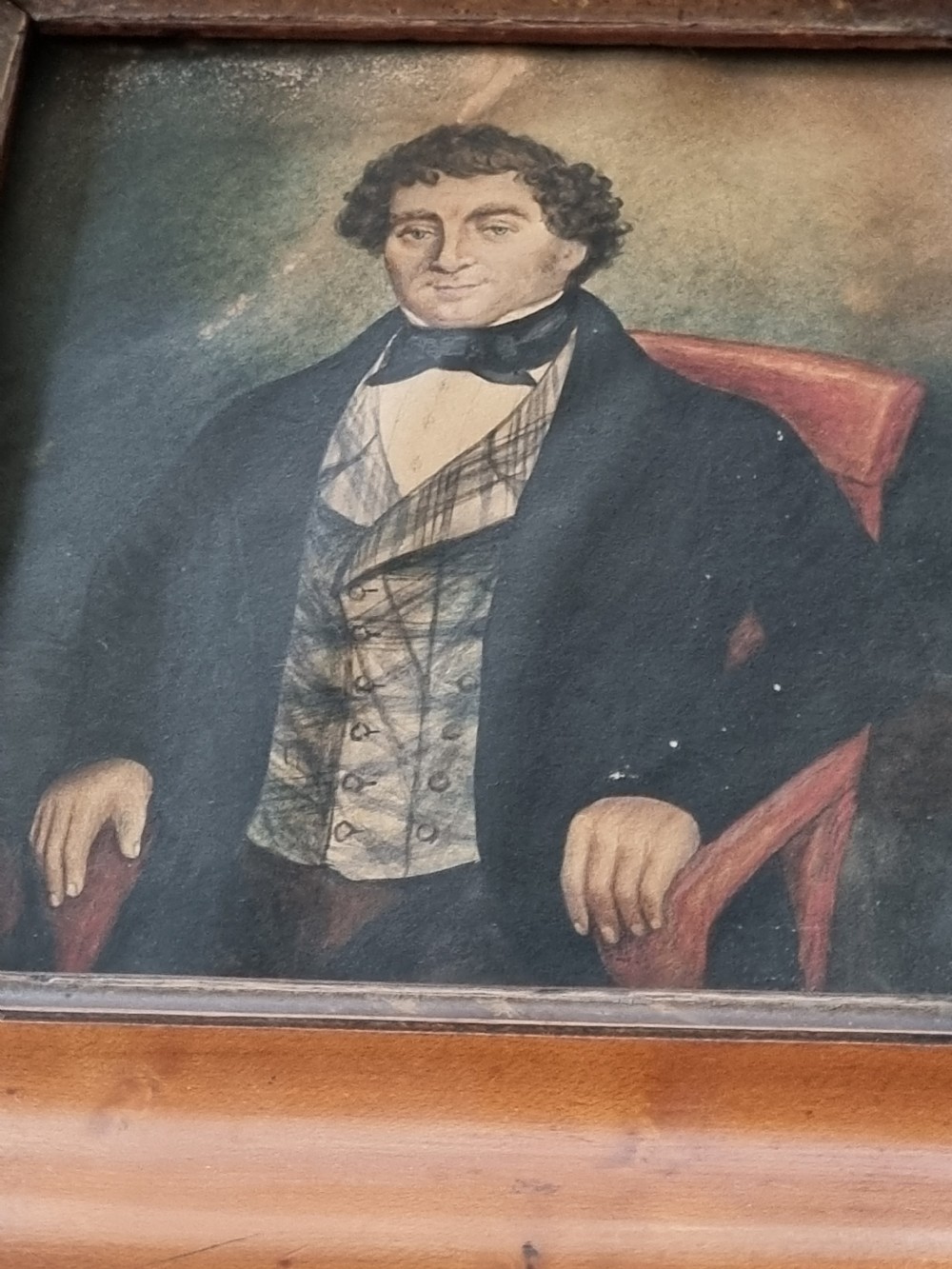 A  NAIVE 19THC WATERCOLOUR OF A COUNTRY GENT IN A MAPLE FRAME View II