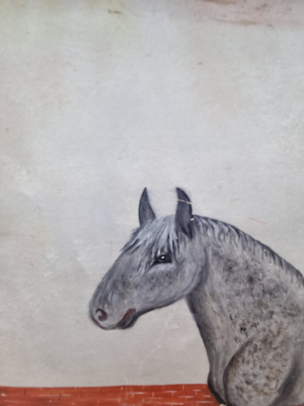 A EARLY 20THC NAIVE SIGNED OIL ON BOARD OF A PERCHERON GREY . View II