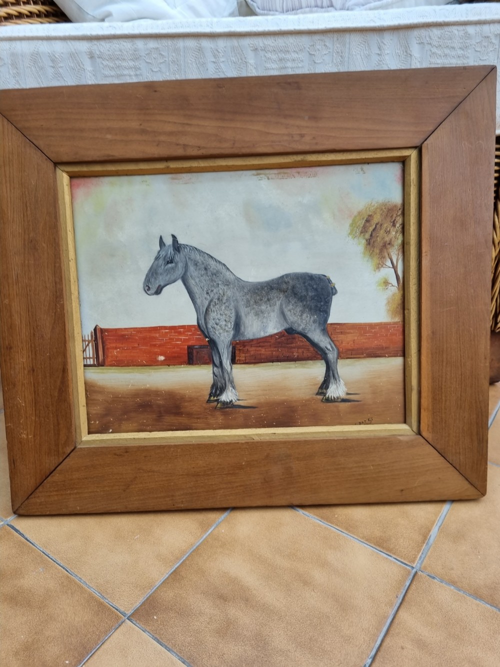 A EARLY 20THC NAIVE SIGNED OIL ON BOARD OF A PERCHERON GREY . View VI