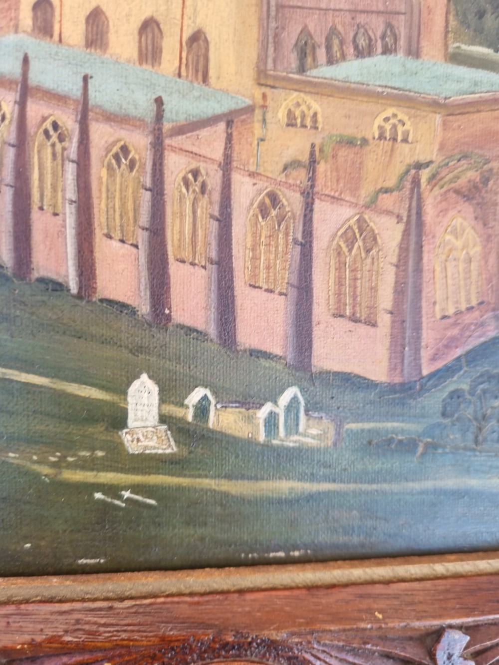 TRAMP ART WELSH OAK FRAMED NAIVE OIL ON CANVAS OF ST DAVID,S WALES View II