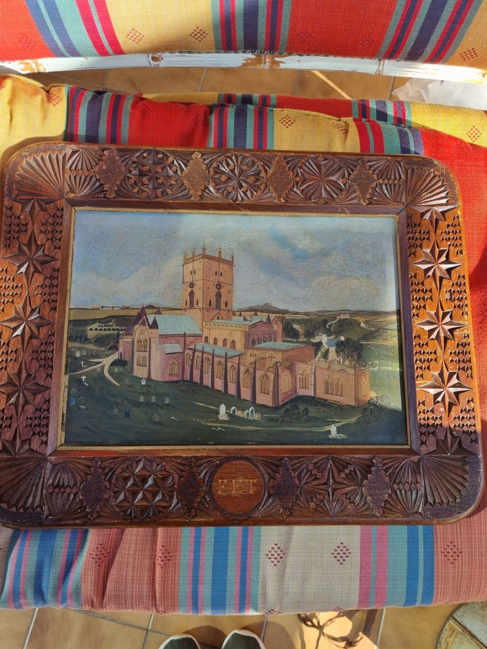 TRAMP ART WELSH OAK FRAMED NAIVE OIL ON CANVAS OF ST DAVID,S WALES View VI