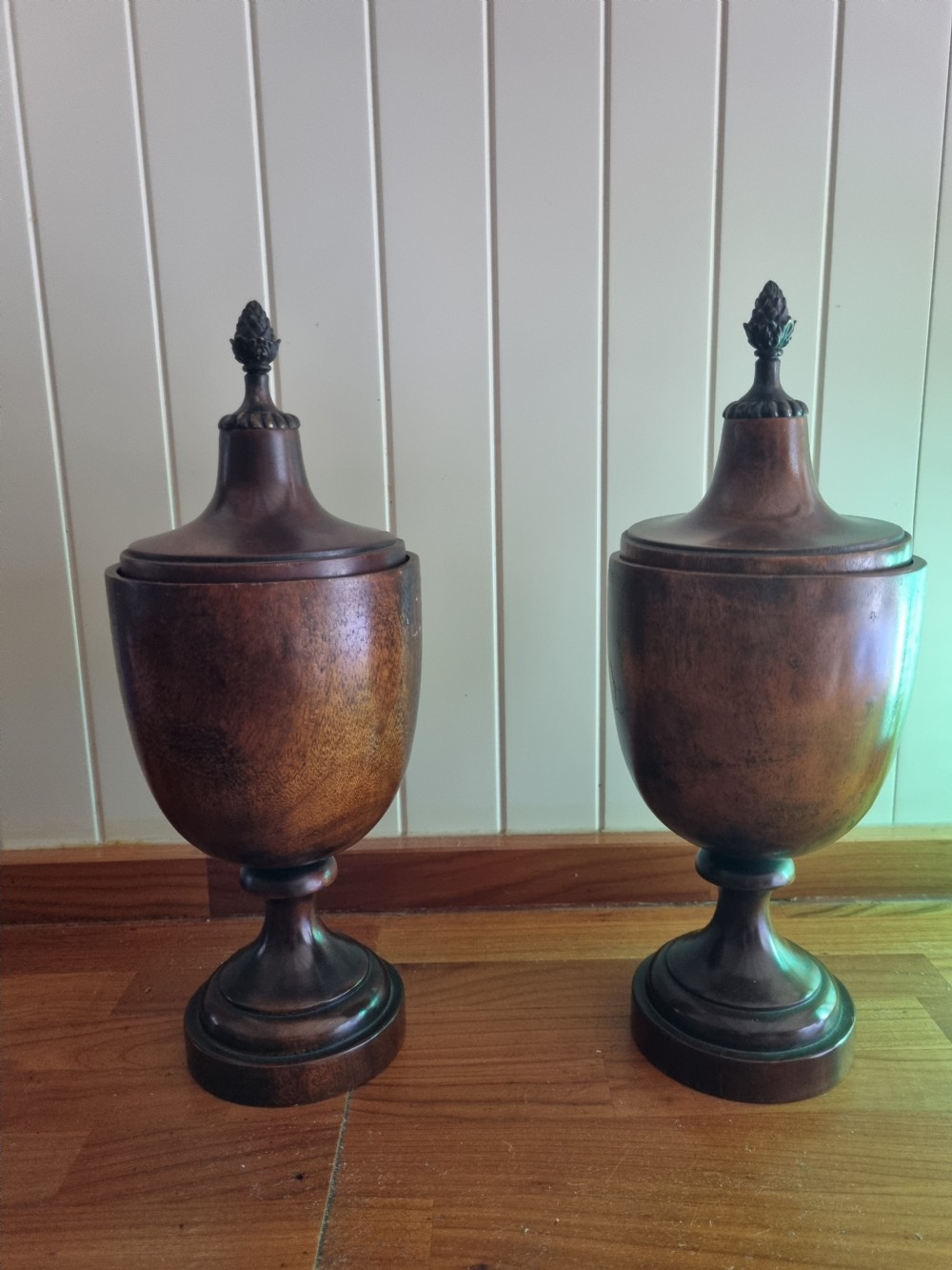 A LARGE PAIR OF 19THC TREEN GOBLETS AND COVERS WITH ORMULU FINIALS. View VI