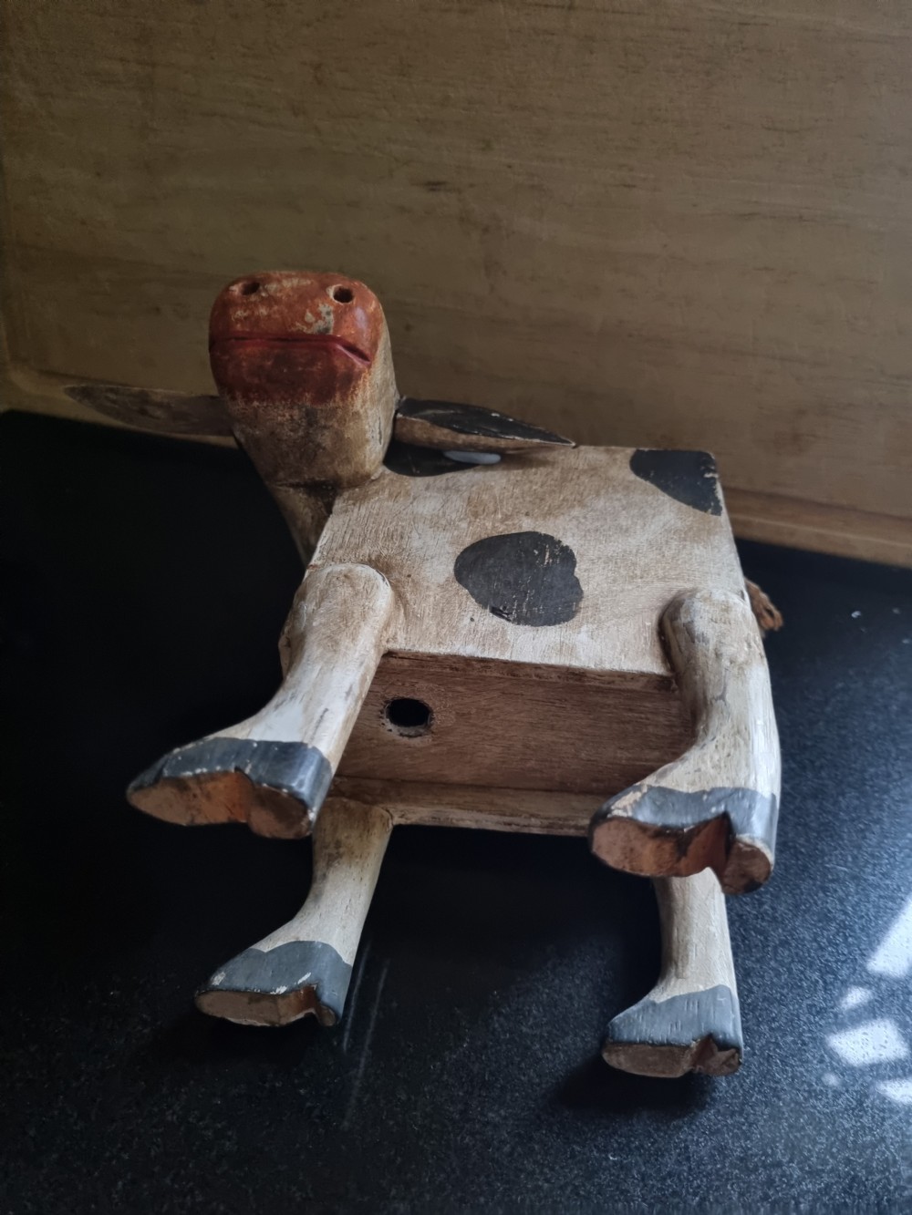 FOLK ART  NAIVE WOODEN PAINTED COW MONEY BOX View III