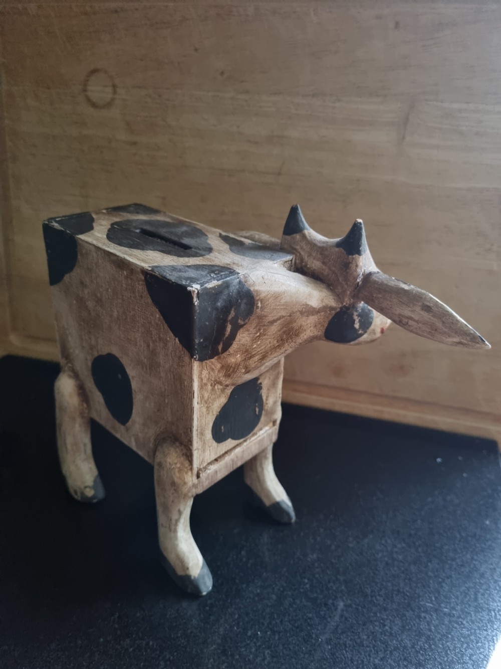 FOLK ART  NAIVE WOODEN PAINTED COW MONEY BOX View IV