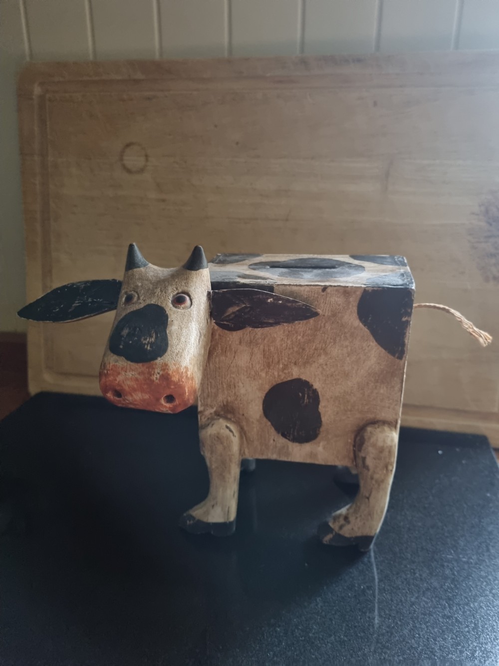 FOLK ART  NAIVE WOODEN PAINTED COW MONEY BOX View V