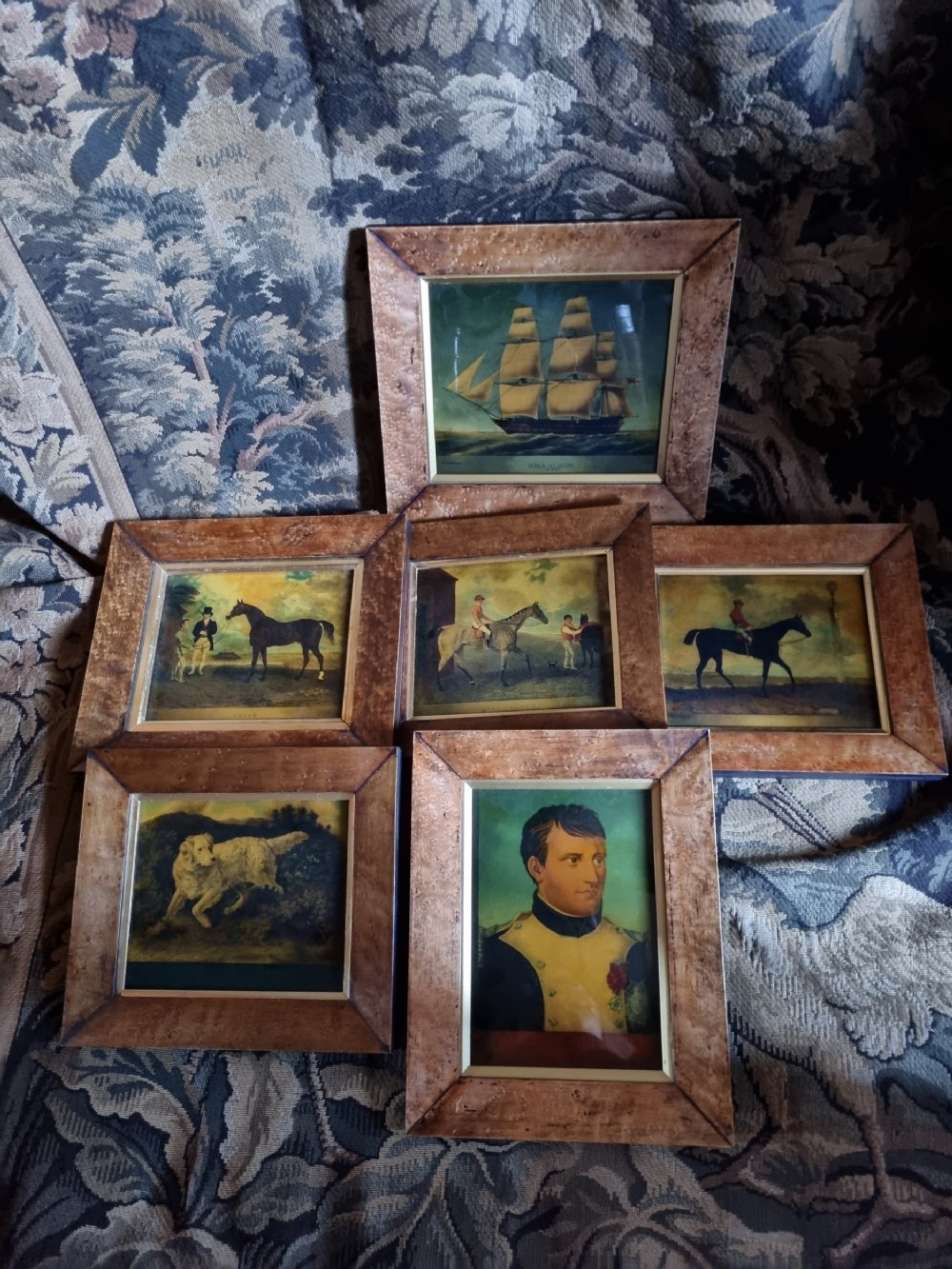 6 BIRDS EYE FRAMED REVERSE GLASS PICTURES OF SHIPS. JOCKEYS ETC 