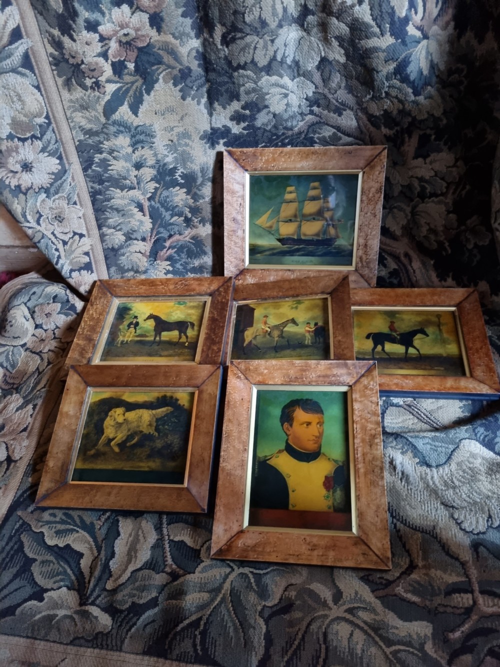 6 BIRDS EYE FRAMED REVERSE GLASS PICTURES OF SHIPS. JOCKEYS ETC  View XI