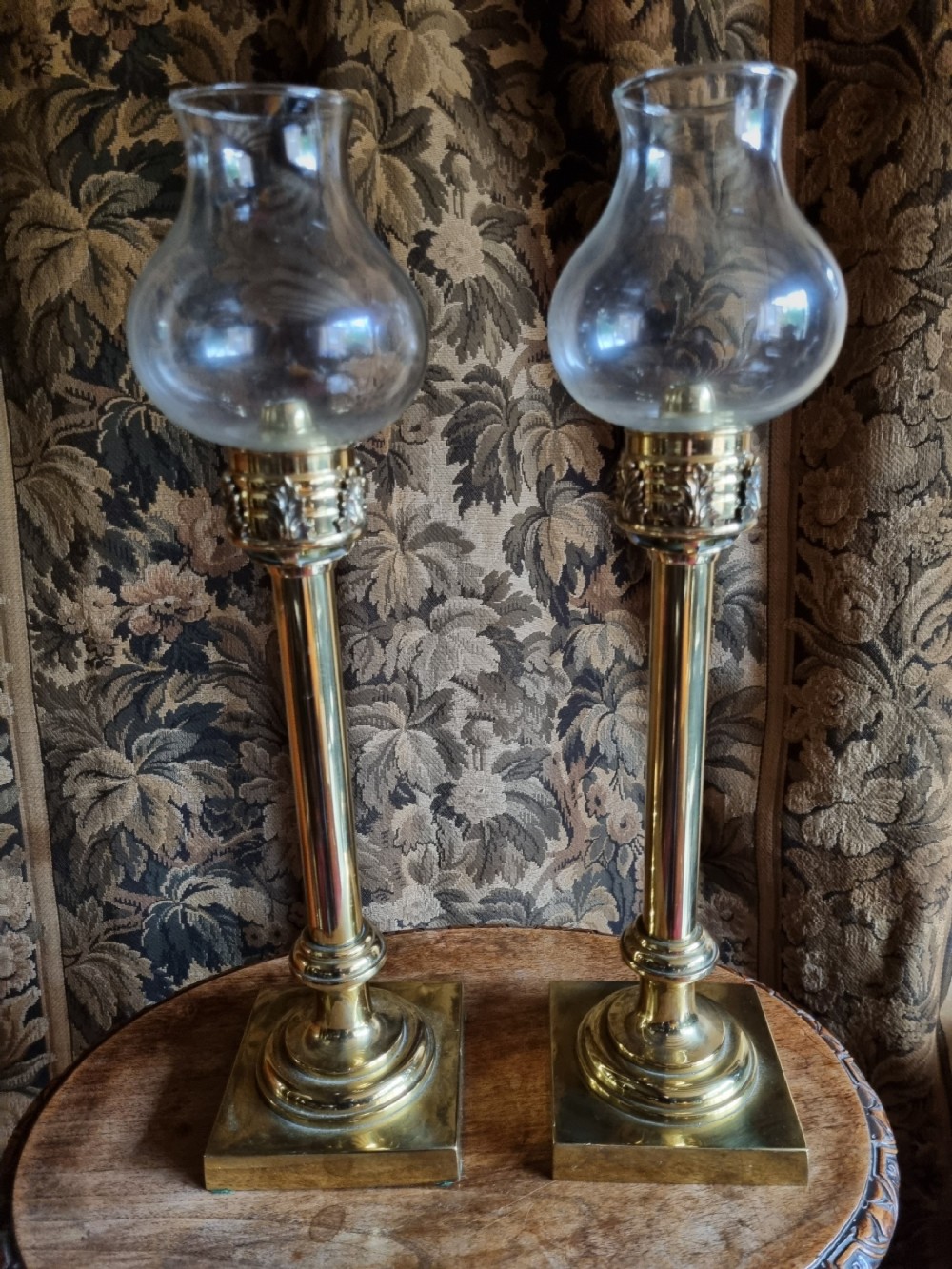 PR OF UNUSUAL 19THC BRASS CANDLESTICKS WITH GLASS GLOBES