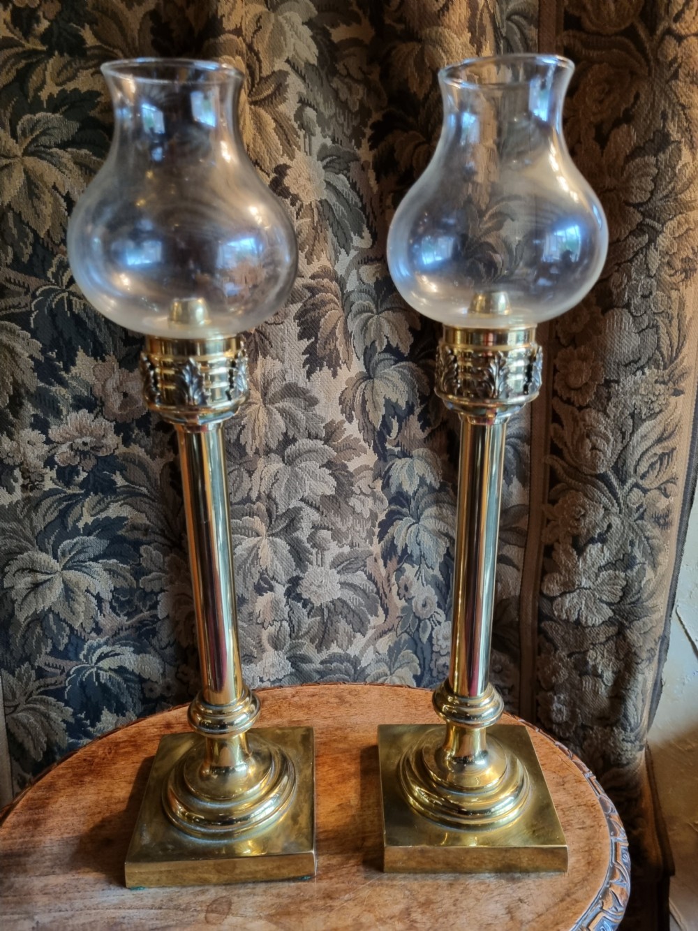 PR OF UNUSUAL 19THC BRASS CANDLESTICKS WITH GLASS GLOBES View VI