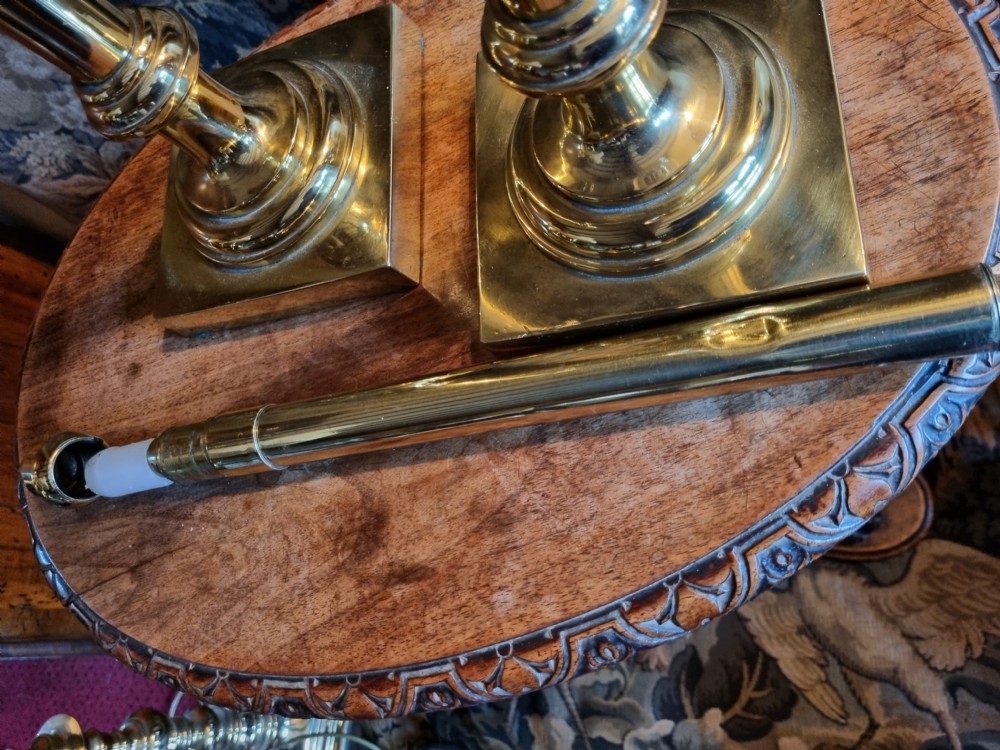 PR OF UNUSUAL 19THC BRASS CANDLESTICKS WITH GLASS GLOBES View VIII