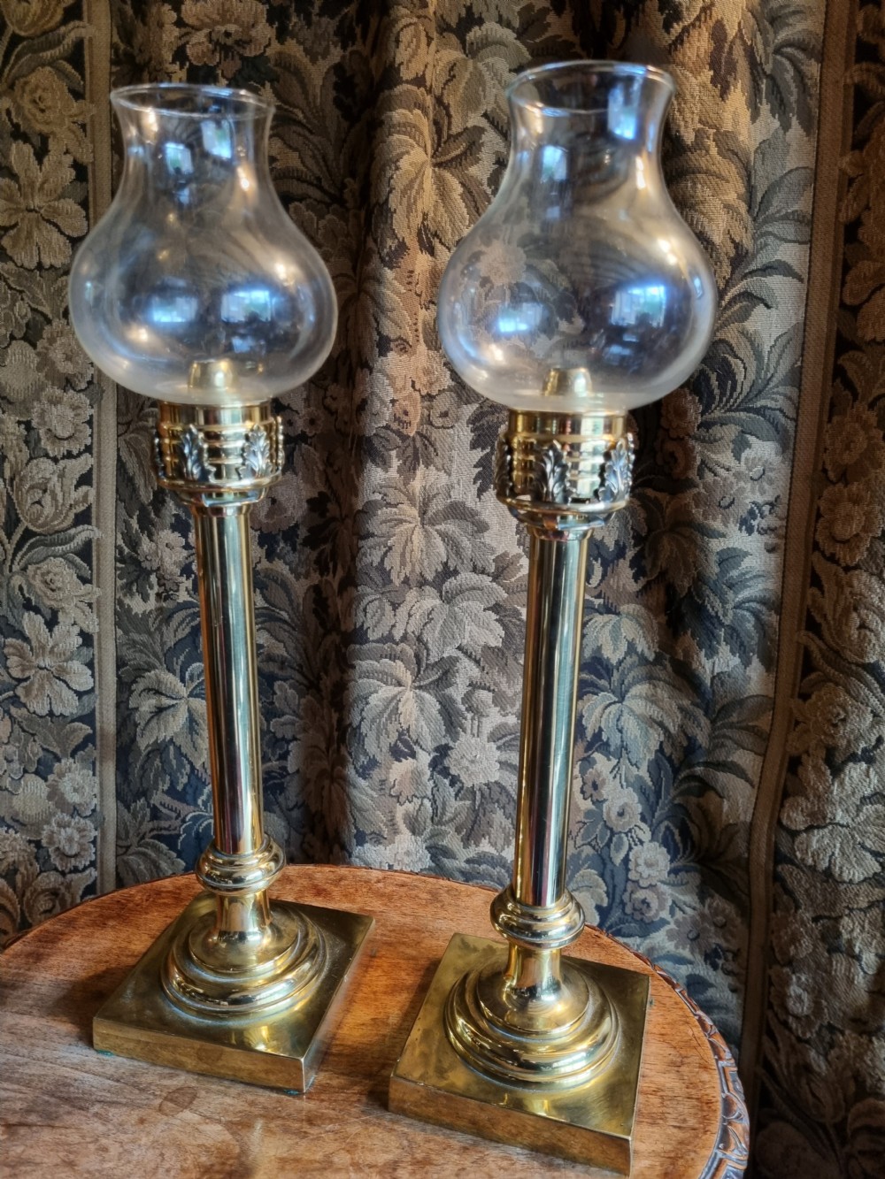 PR OF UNUSUAL 19THC BRASS CANDLESTICKS WITH GLASS GLOBES View IX