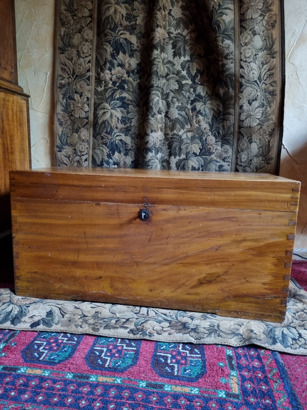 19TH C CAMPHORWOOD MILITARY TRUNK WITH CANDLEBOX