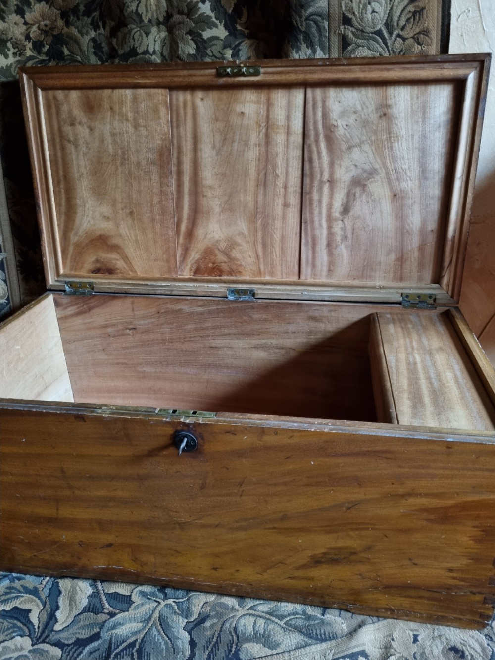 19TH C CAMPHORWOOD MILITARY TRUNK WITH CANDLEBOX View II