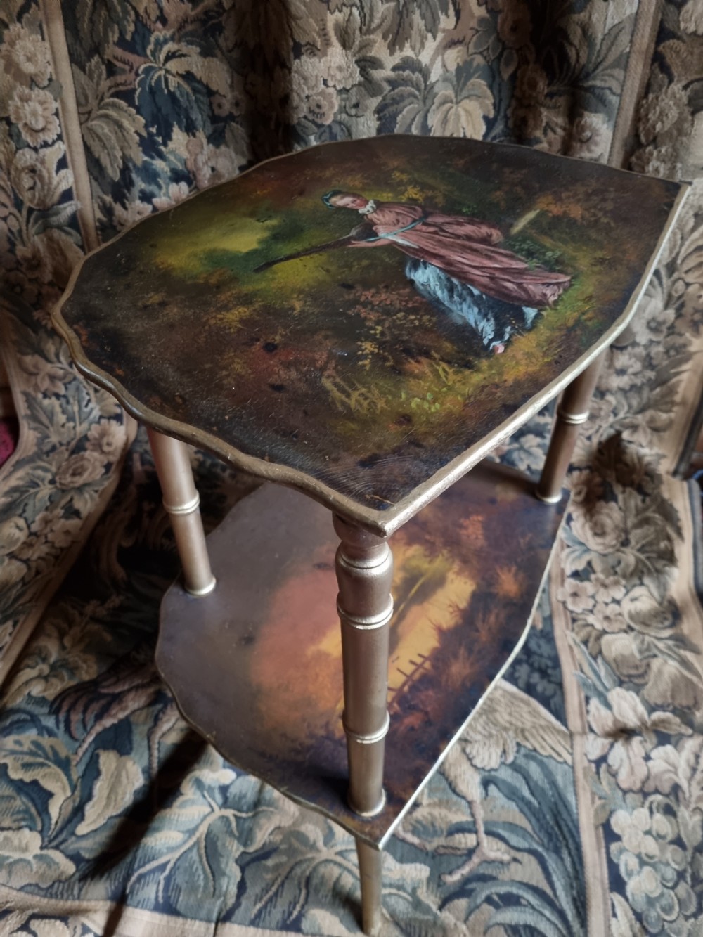 SUPER ANTIQUE VERNIS MARTIN GILT WOOD 2 TIER TABLE/WHATNOT View V