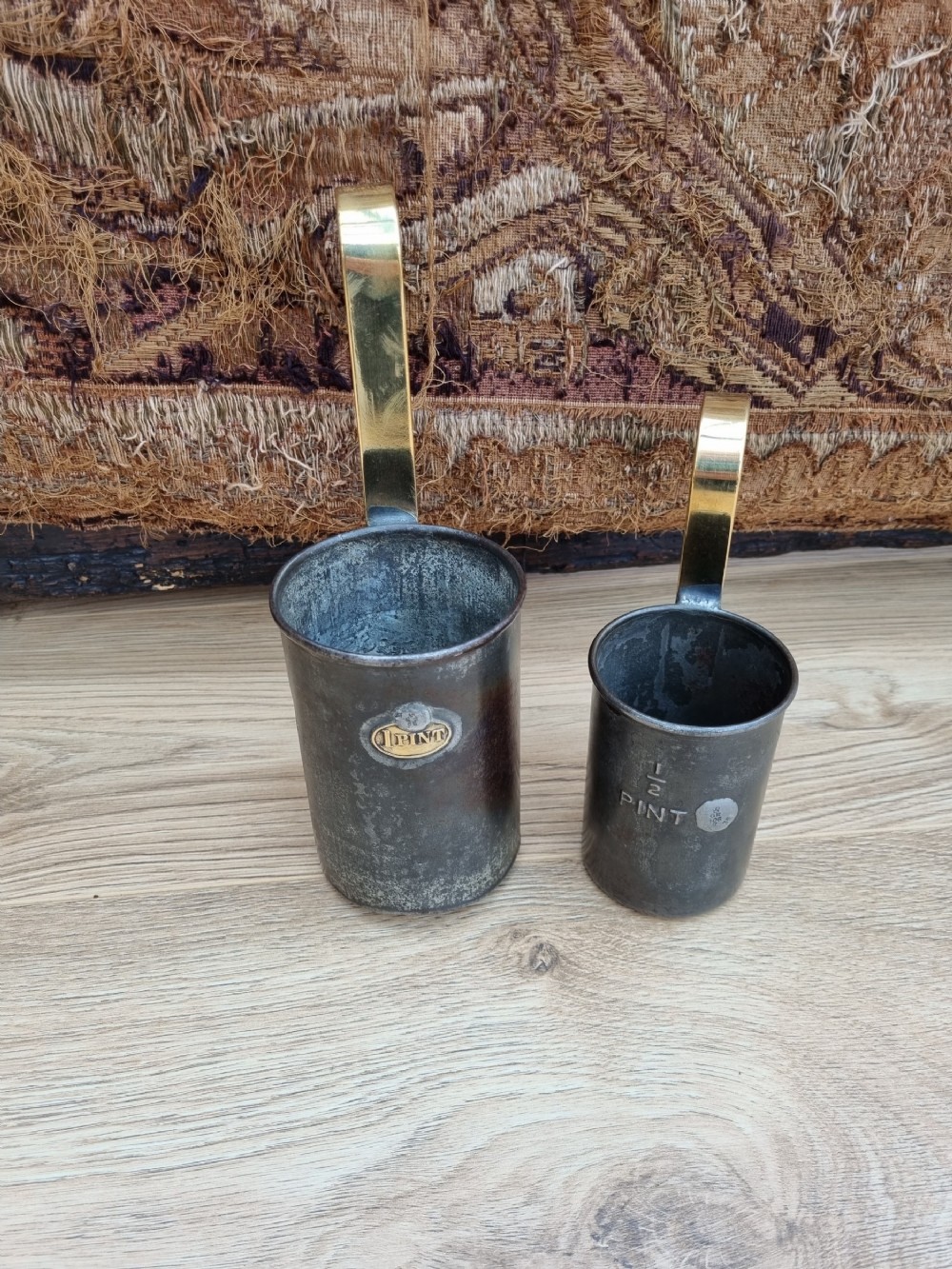 2 19THC METAL AND BRASS MILK SCOOPS 1 PINT AND HALF PINT