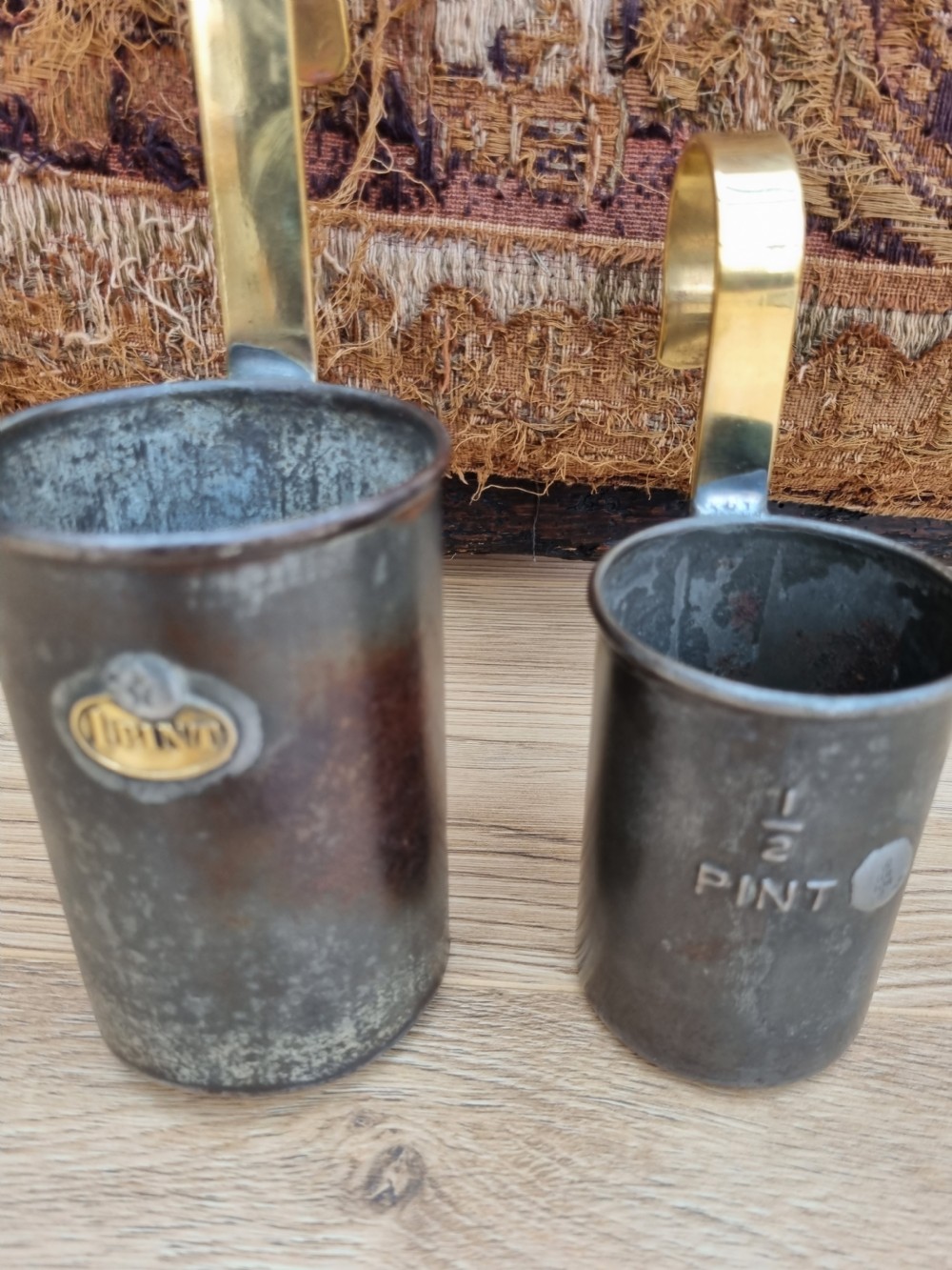 2 19THC METAL AND BRASS MILK SCOOPS 1 PINT AND HALF PINT View V
