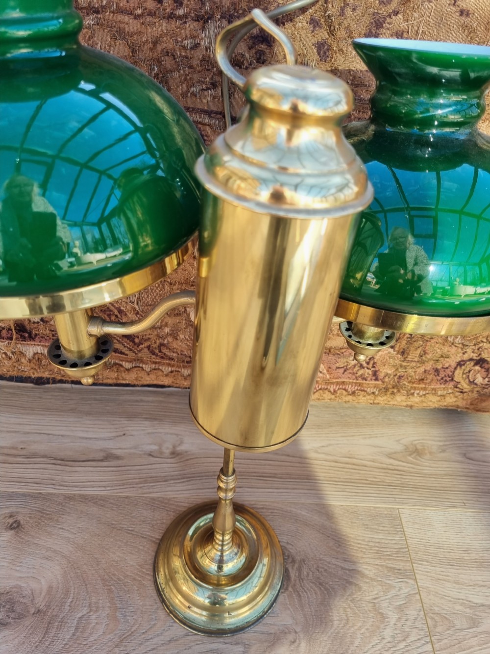 A LARGE ANTIQUE TWIN BRASS STUDENT LAMP. View III