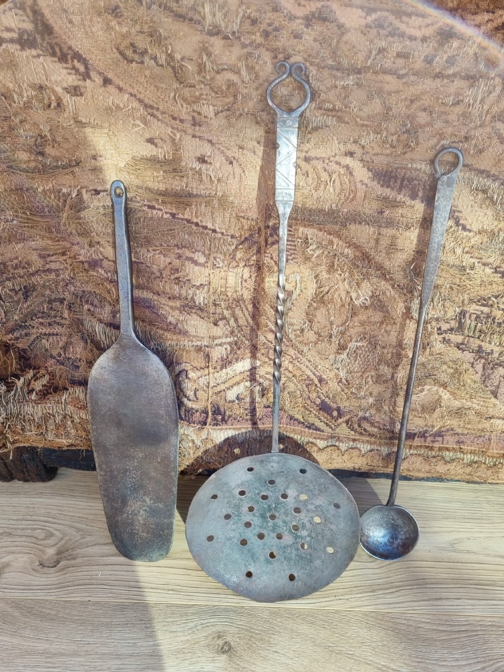 3 EARLY 18THC PIECES OF IRON KITCHENALIA INC SKIMMER ETC 