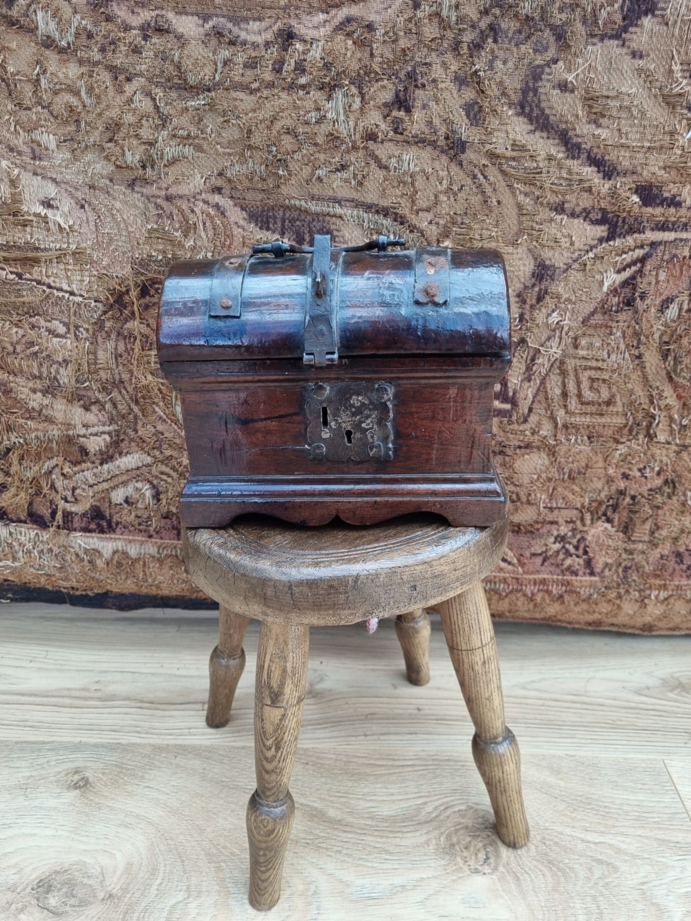 A RARE 17THC WALNUT AND METAL DOME TOPPED SMALL STRONG BOX View III