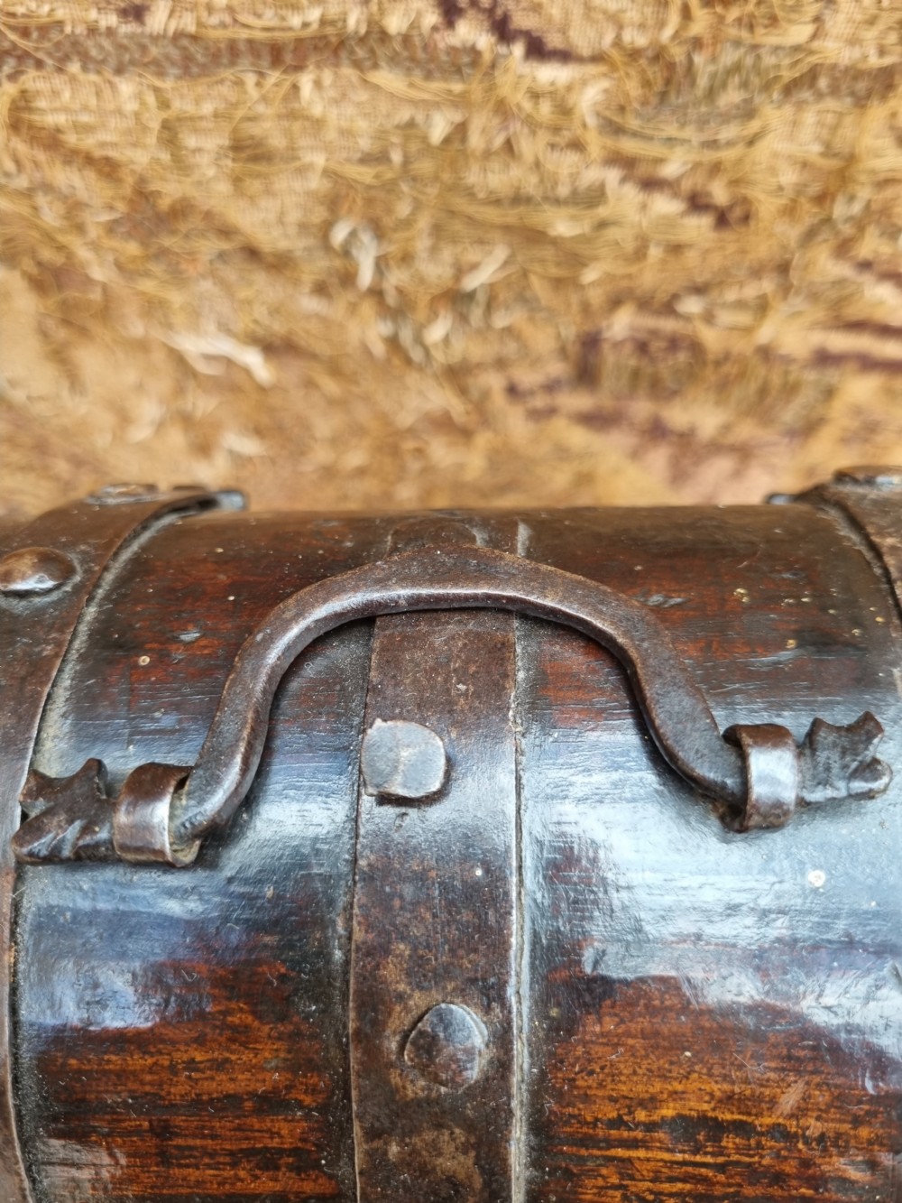 A RARE 17THC WALNUT AND METAL DOME TOPPED SMALL STRONG BOX View V