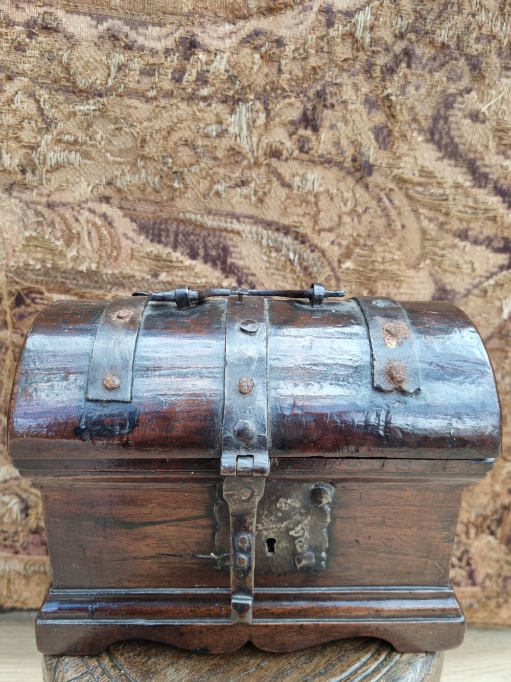 A RARE 17THC WALNUT AND METAL DOME TOPPED SMALL STRONG BOX View VIII