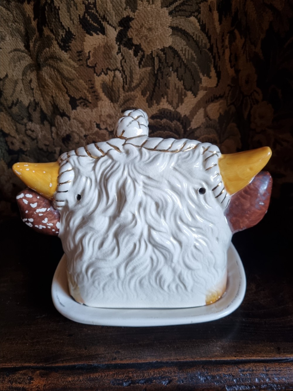 A LARGE ANTIQUE POTTERY COW,S HEAD TONGUE DISH AND COVER View VI