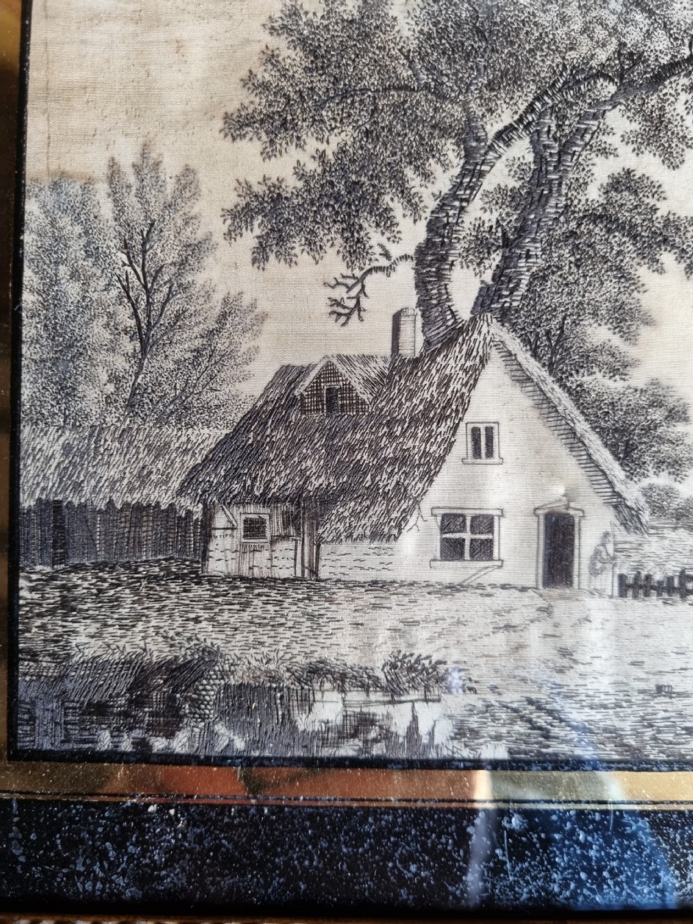A E19THC NAIVE SILKWORK OF A COUNTRY COTTAGE WITH A GREAT TRADE LABEL