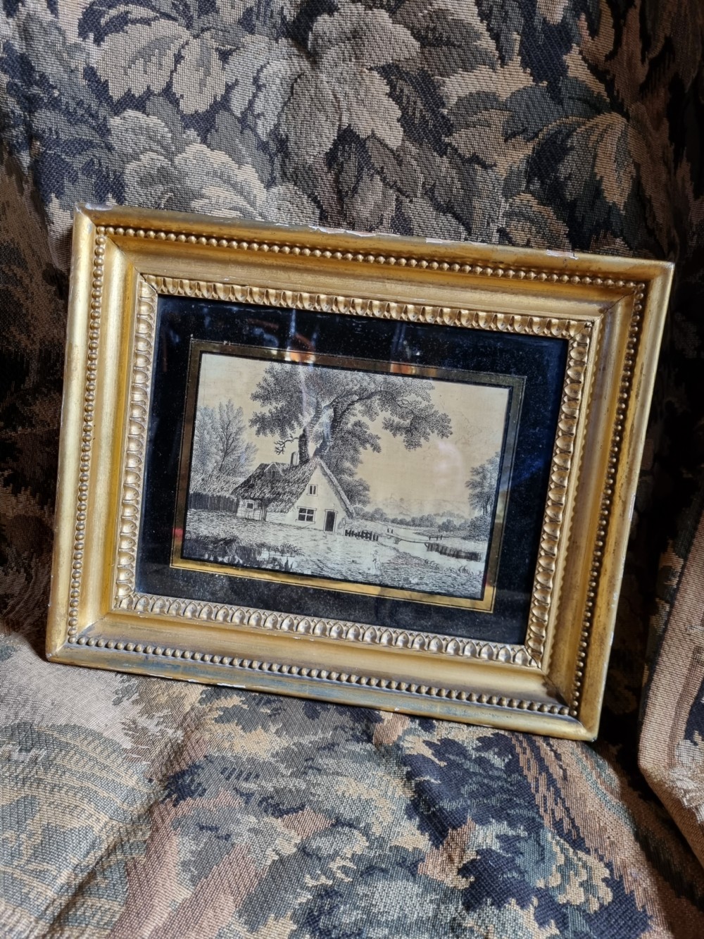A E19THC NAIVE SILKWORK OF A COUNTRY COTTAGE WITH A GREAT TRADE LABEL View II