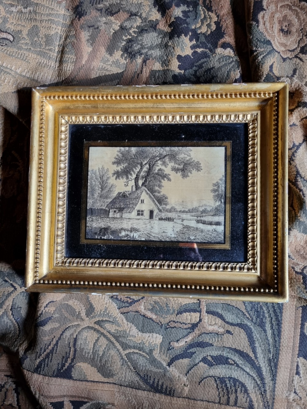 A E19THC NAIVE SILKWORK OF A COUNTRY COTTAGE WITH A GREAT TRADE LABEL View IV