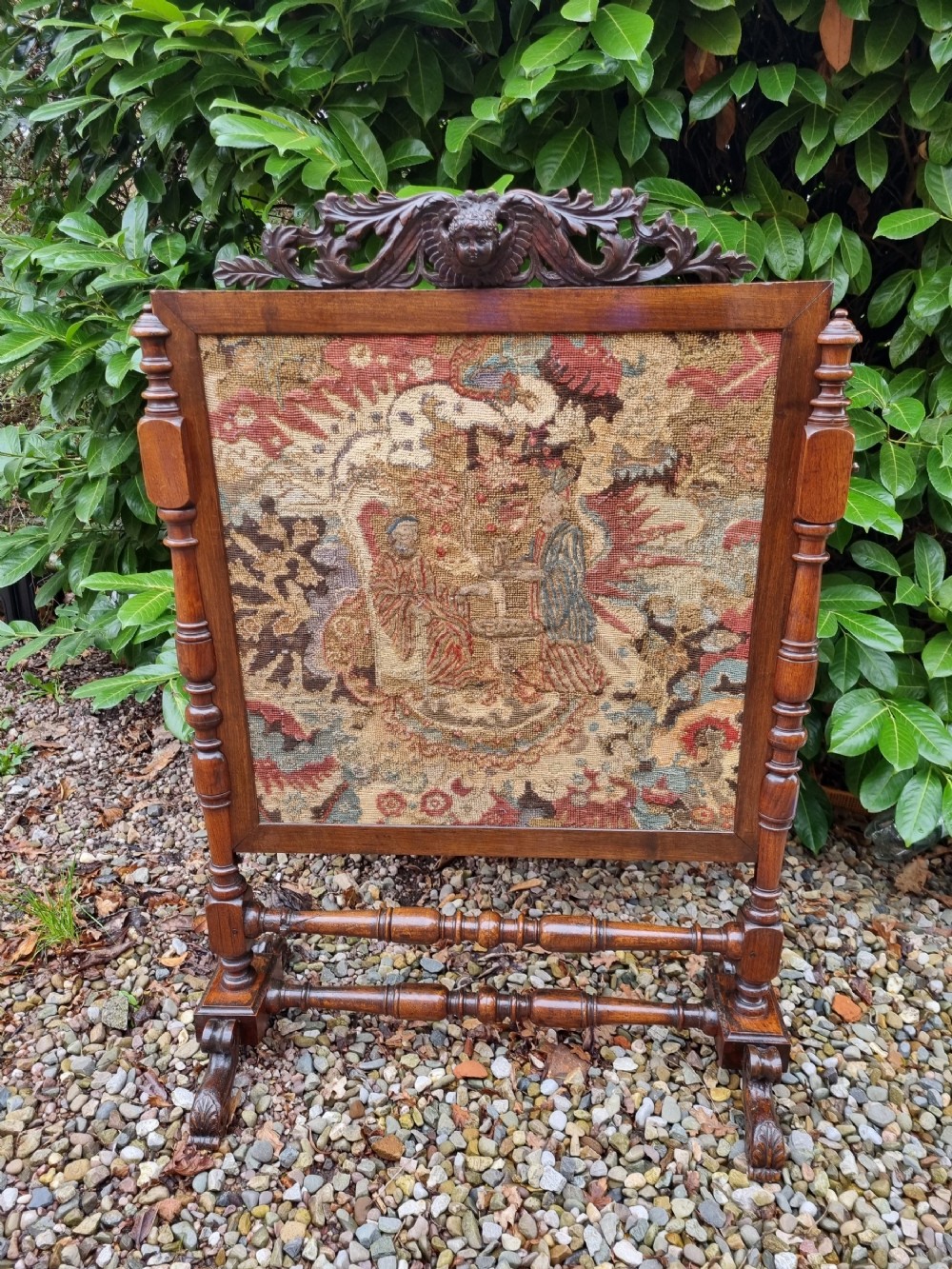 LARGE ANTIQUE MAHOGANY SCREEN WITH A 17TH/E 18C STUMPWORK /TAPESTRY
