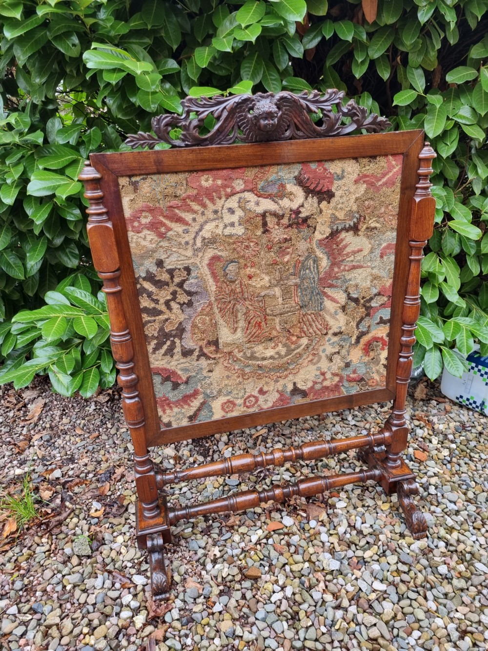LARGE ANTIQUE MAHOGANY SCREEN WITH A 17TH/E 18C STUMPWORK /TAPESTRY
 View IV
