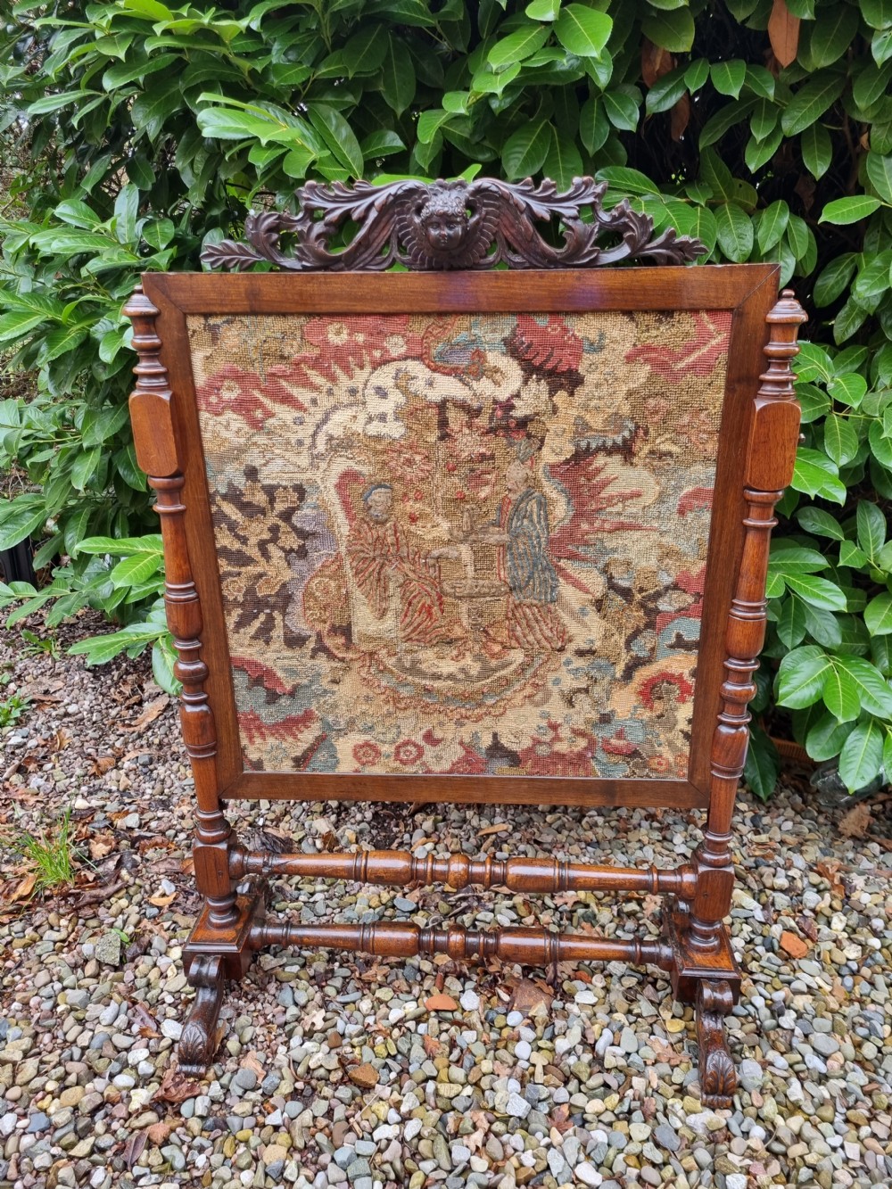 LARGE ANTIQUE MAHOGANY SCREEN WITH A 17TH/E 18C STUMPWORK /TAPESTRY
 View VIII