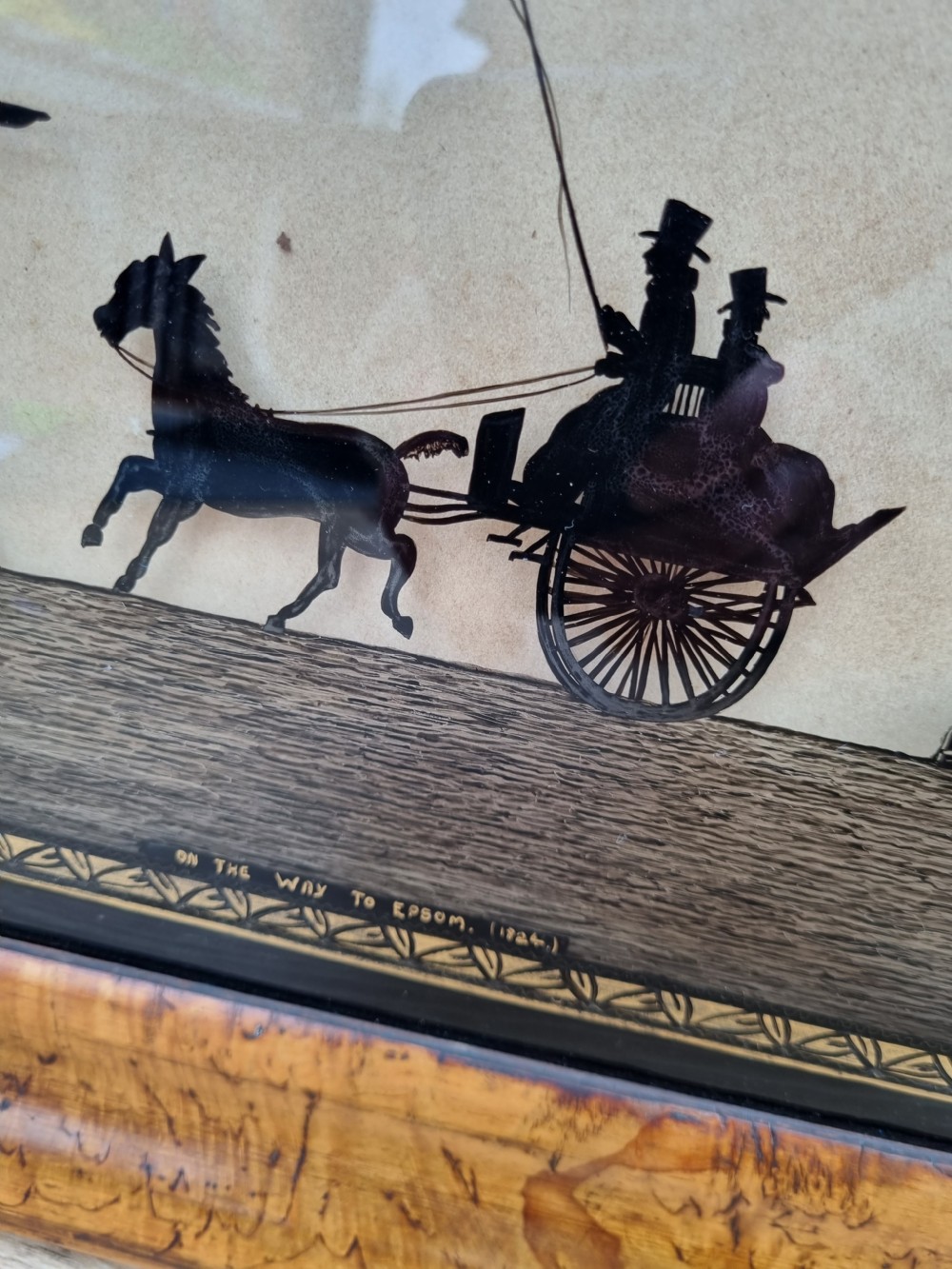 GOOD DATED REVERSE GLASS PICTURE OF CARRIAGE ON EPSOM DOWNS View II