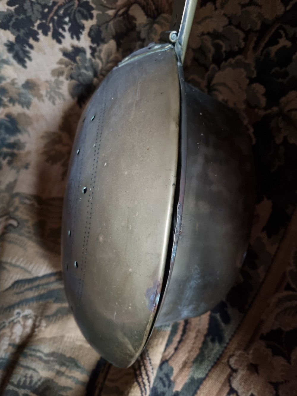 17THC BRASS HANDLED EMBOSSED OVAL WARMING PAN  View V